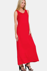 Zenana Scoop Neck Wide Strap Tank Dress Red OutfitFlow